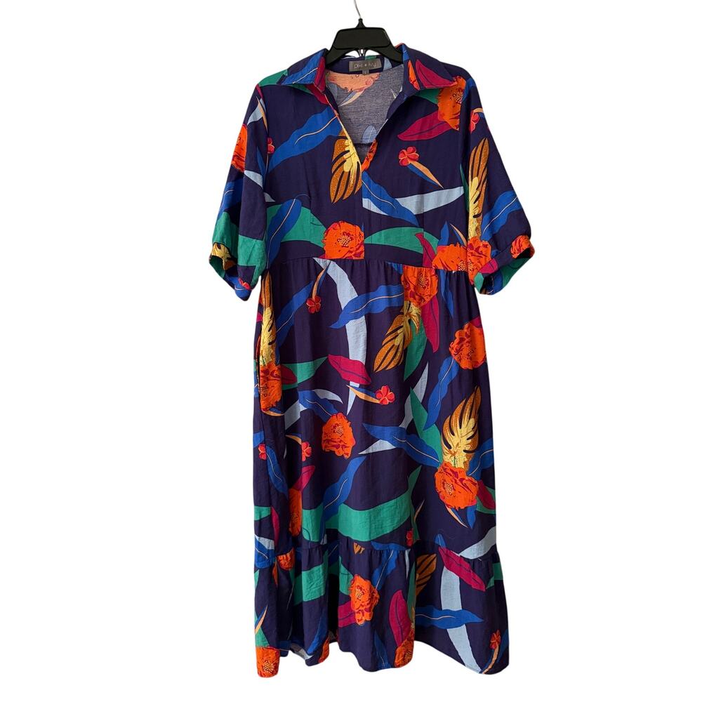 Pixi + Ivy Tropical Floral Maxi Dress Navy Multicolor Collared Size L